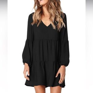 NWOT Amoretu Black V-Neck Flowy Tiered Dress, Size Small